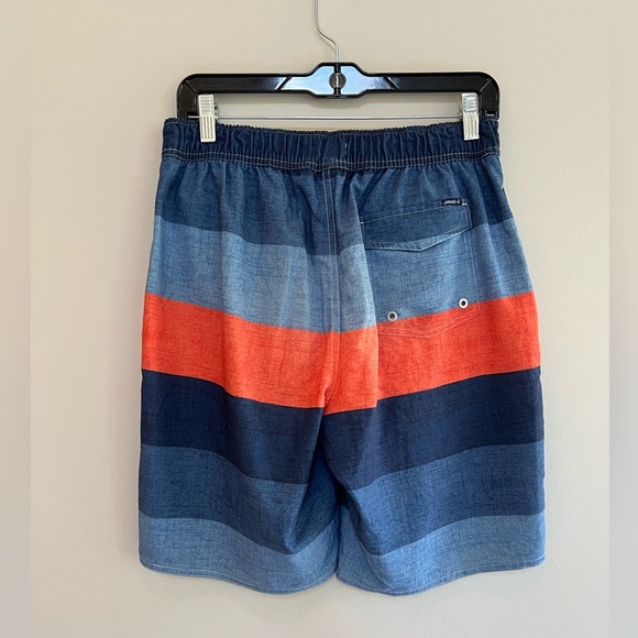 Johnnie-O 9” Shore Half Elastic Surf Swim Shorts in Blue and Orange Stripes, S - Picture 2 of 8